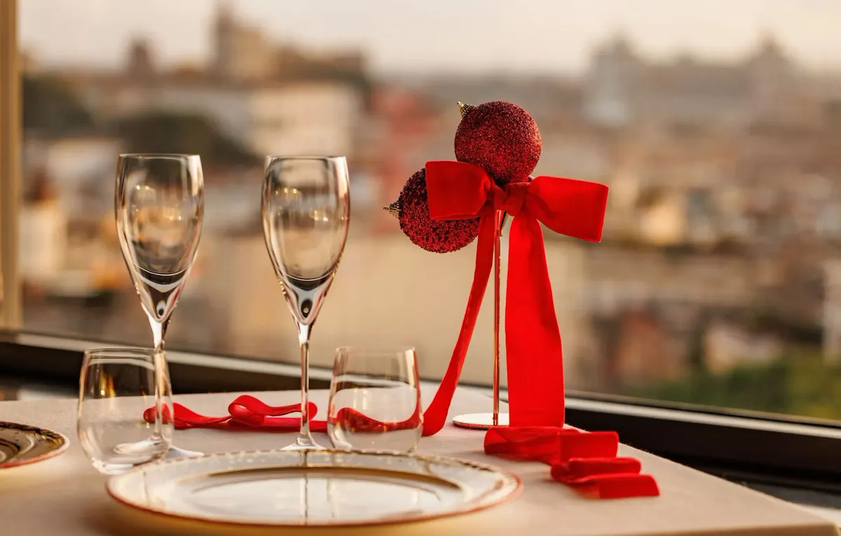 Red festive decorations on table at La Terrazza rooftop restaurant