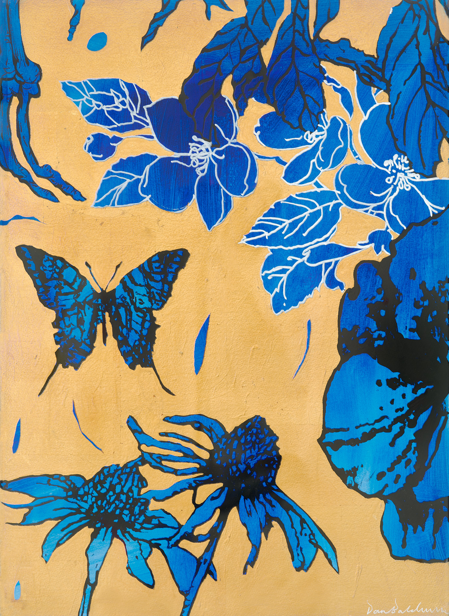 Blue and gold floral painting with butterfly by Dan Baldwin at 45 Park Lane