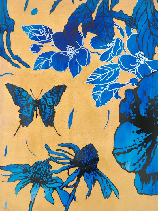 Blue and gold floral painting with butterfly by Dan Baldwin at 45 Park Lane