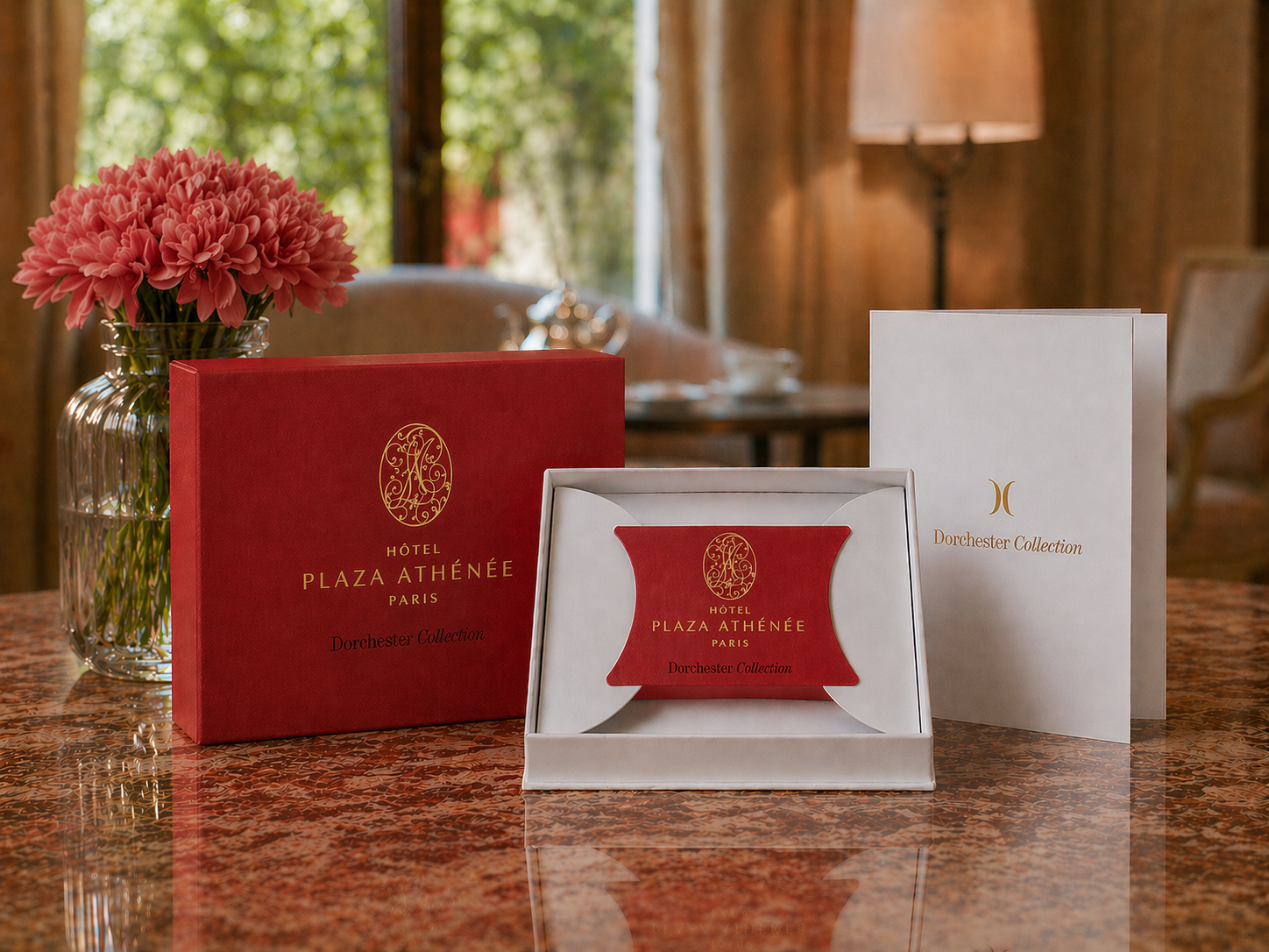 Gift cards on a table at La Galerie, Plaza Athénée.